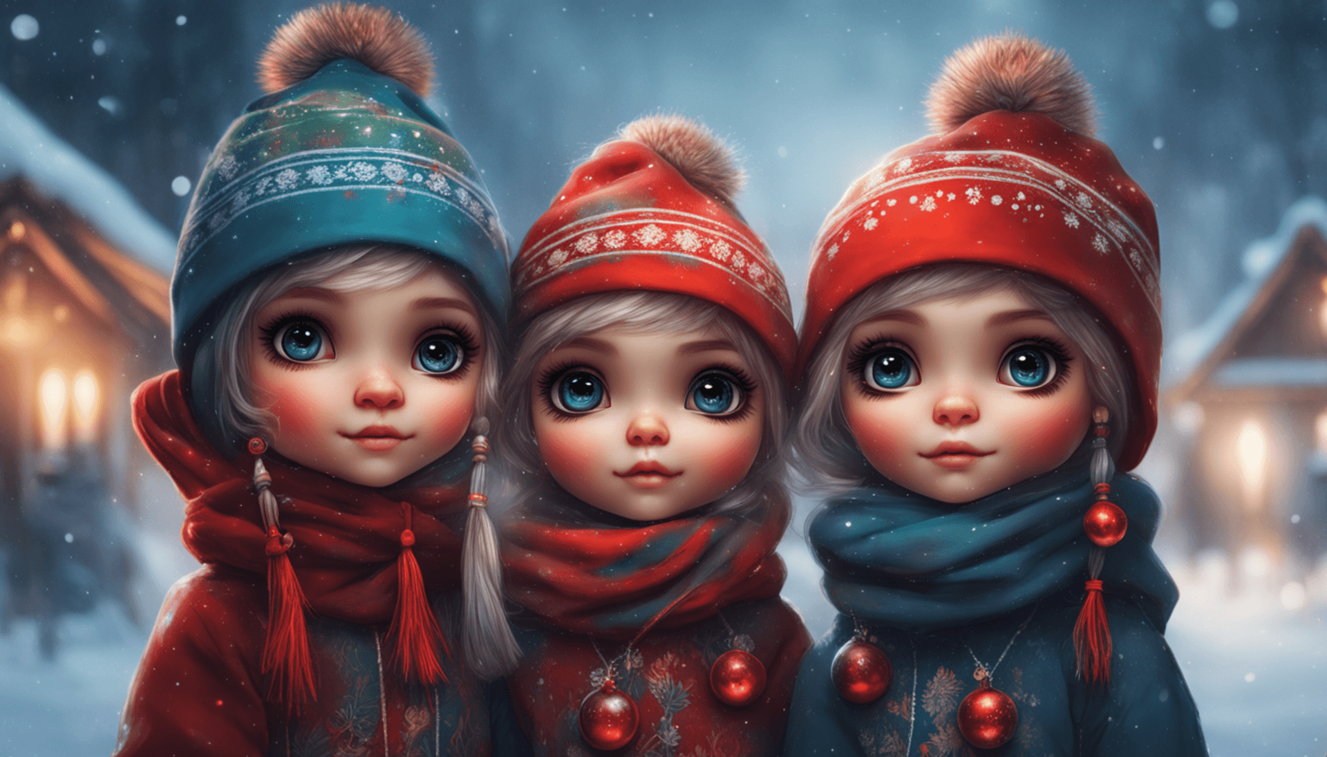AI generated: Lapland Christmas, a close up of a three cute Sami blythe dolls big eyes, smiling, wearing tradition...