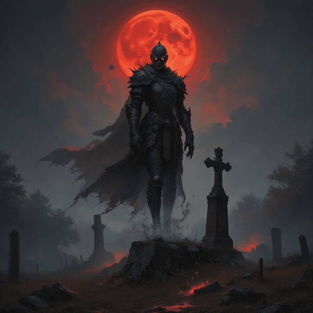 AI generated: Ghostly spectre hovering above an ancient cemetery under a blood-red full moon::1.5  
digital paint...