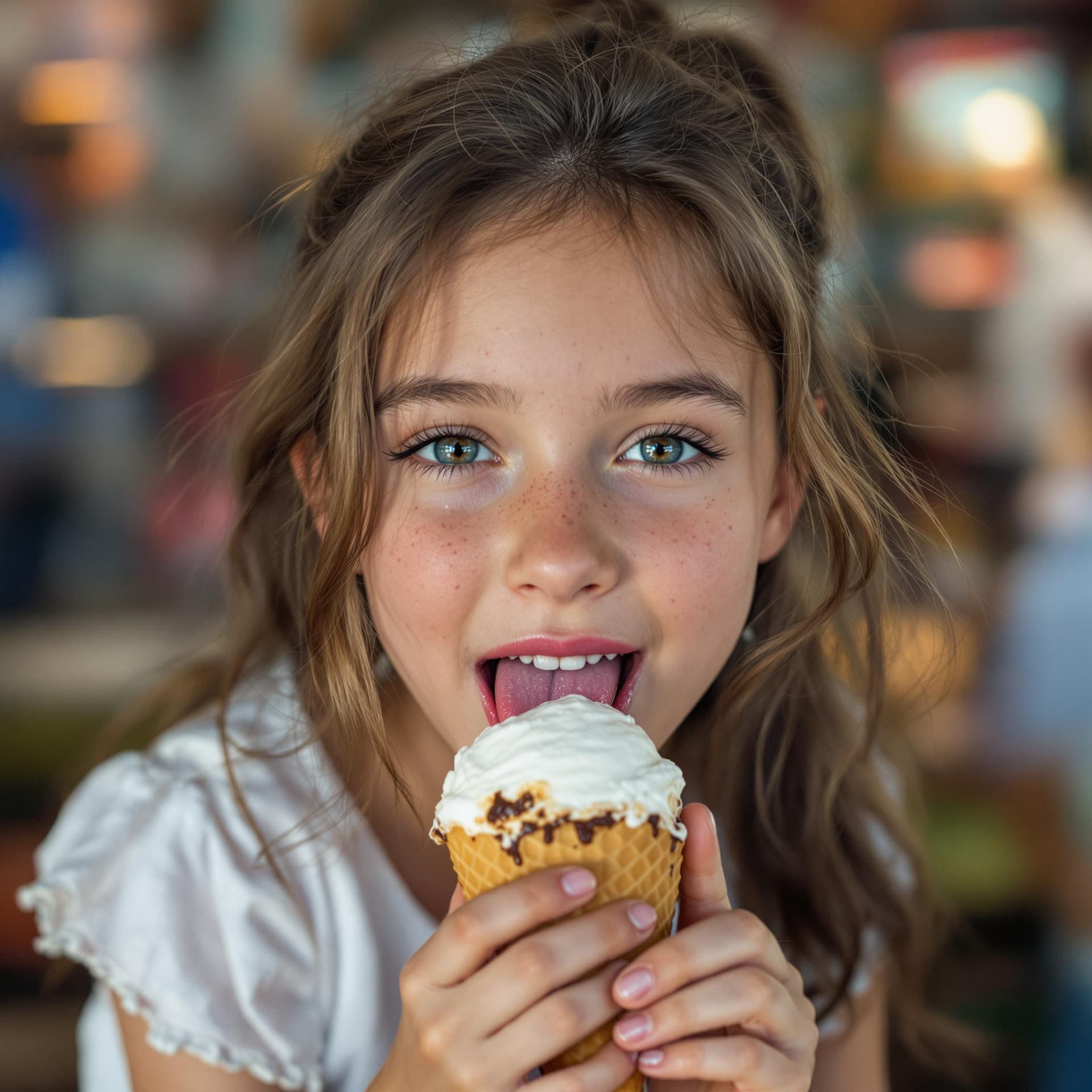 AI generated: 10 years old caucasian brunette girl really pretty, big lips open mouth, just face, with freckles,ea...