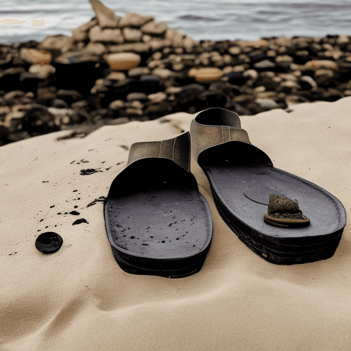 AI generated: Photo of a well worn pair of sandals  sitting next to a cremation urn with the ashes blowing out acr...