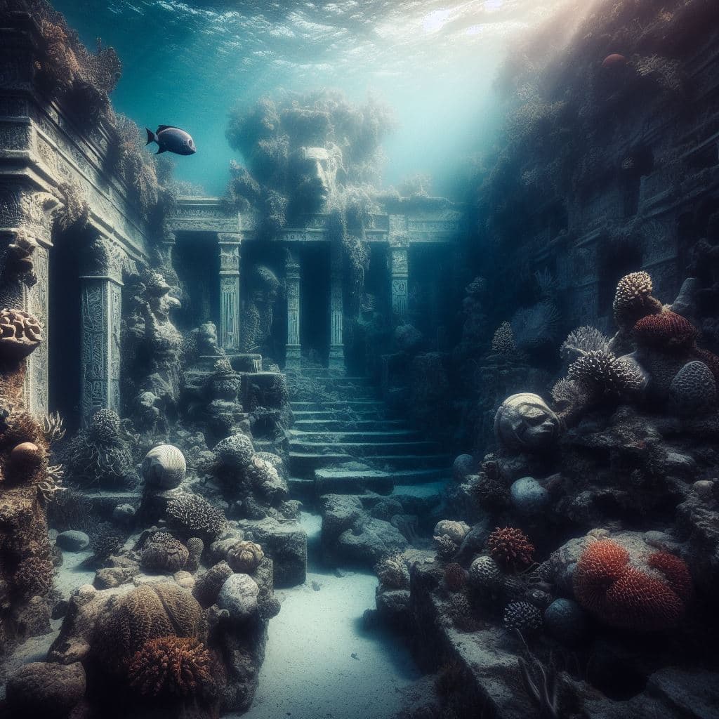 AI generated: an ancient ruin underwater, very detailed and beautiful, mystique