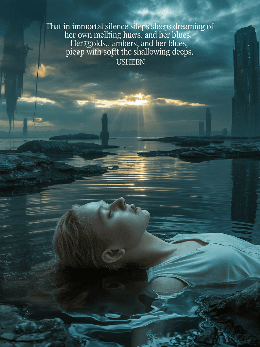 AI generated: Create an emotional dramatic dystopian image featuring a scene from the poem Usheen. That in immorta...