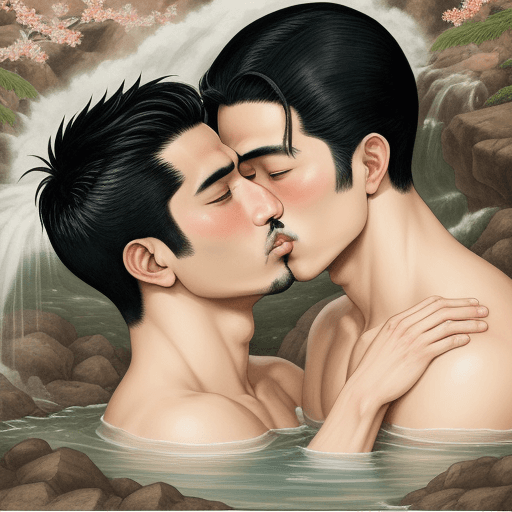 AI generated:  a painting of two latin men kissing in a cascade in the style of traditional japanese old art
