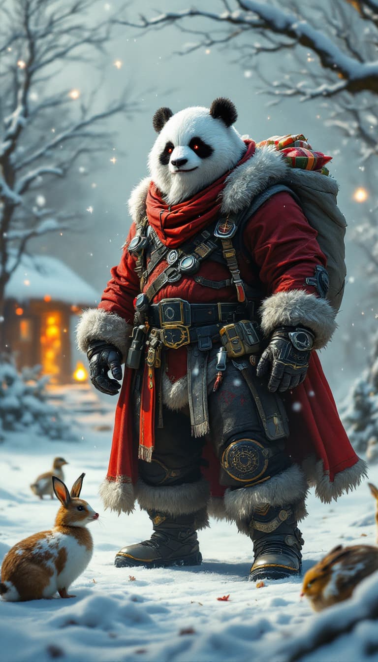 AI generated: Envision a snowy zoo environment where a majestic pandaSanta Claus, blending features of budha size ...