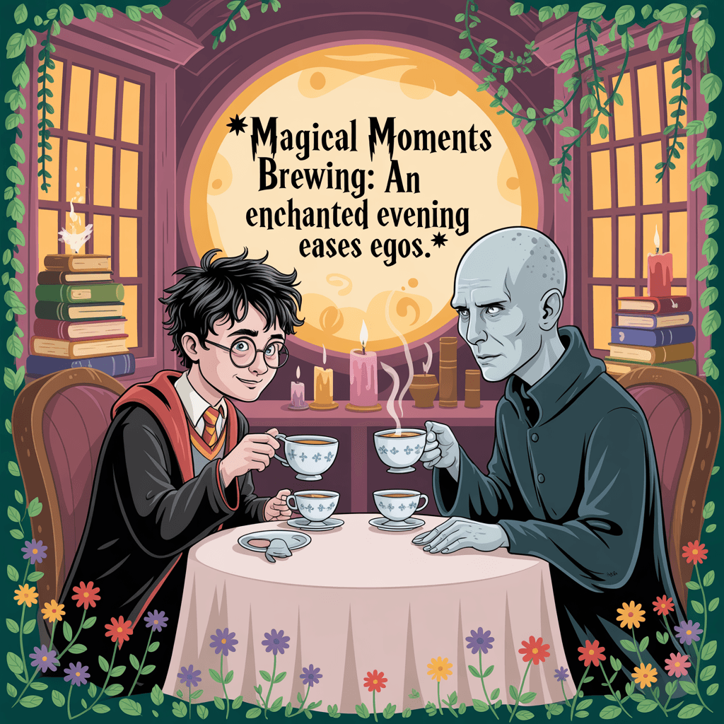 AI generated: Harry Potter and Voldemort having a tea party *Magical Moments Brewing: An Enchanted Evening Eases E...
