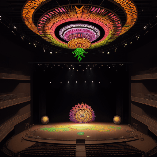 AI generated: concert hall with tribal design of trees, leaves and branches, fluorescent psychedelic African masks...