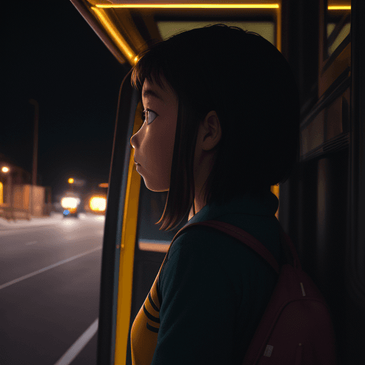 AI generated: school bus with profile view, by night, captured with a Canon EOS R5, 50mm f/1.2 lens, balanced natu...