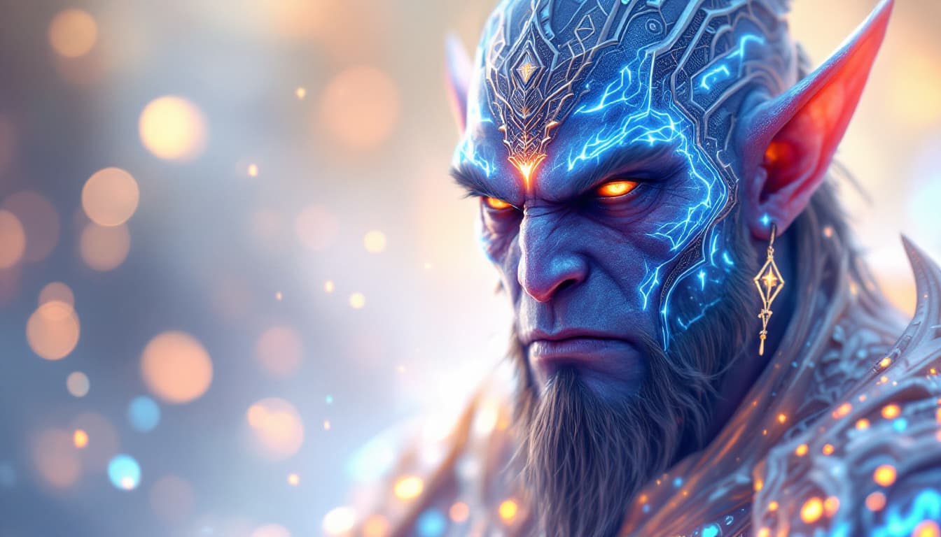 AI generated: In an ethereal digital painting, a luminous ornamental orc emerges, bathed in soft focus light. The ...