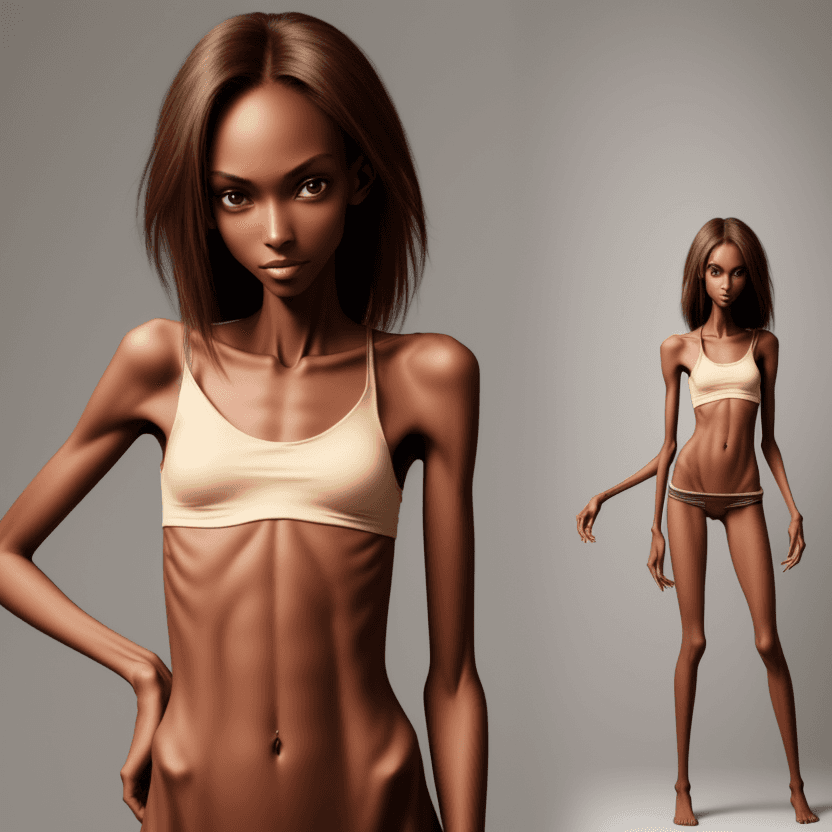 AI generated: extreme beautiful skinny brown skinned  slender face of skinny (almost anorexic) girl without a bra

