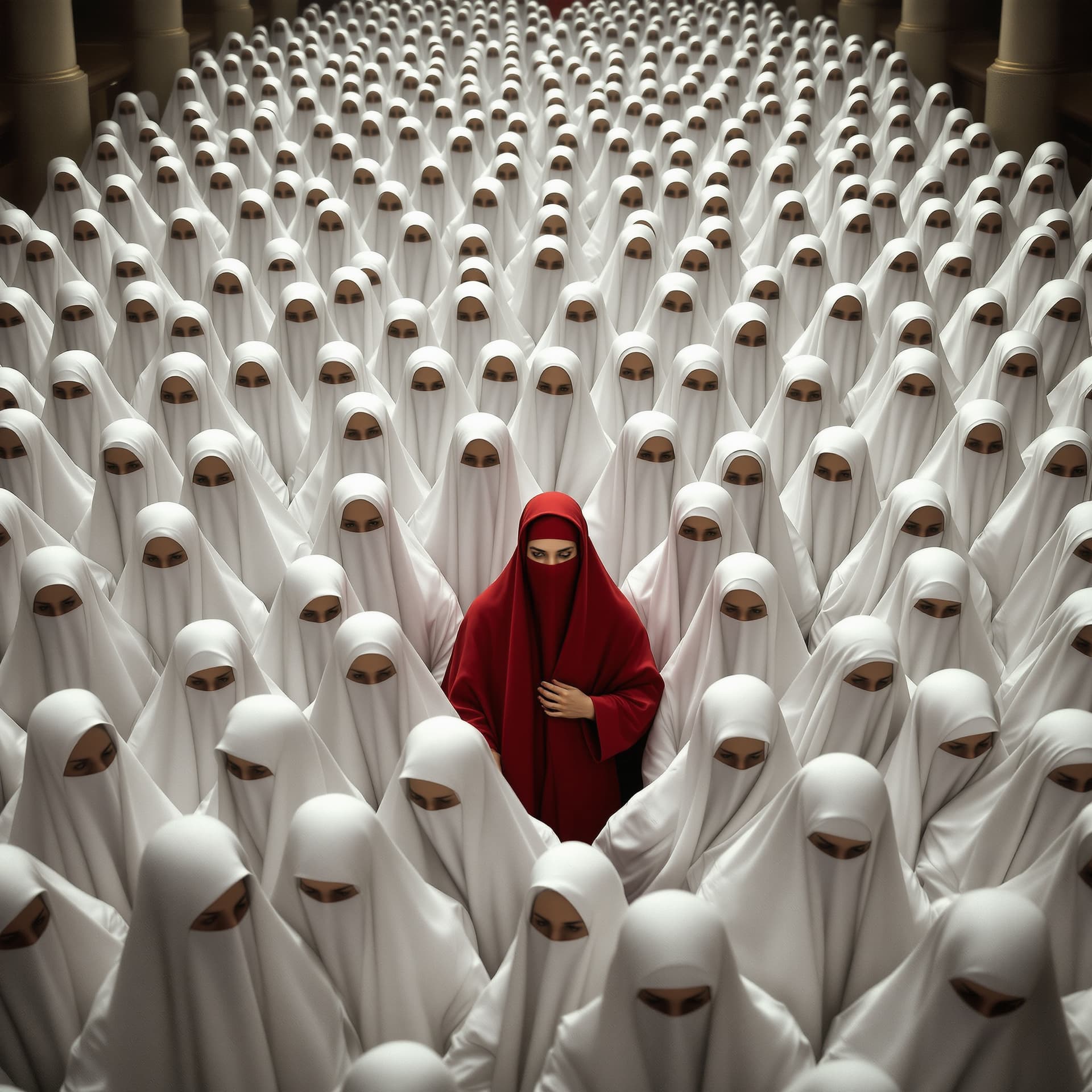 AI generated: Quintessential portrait of hundreds of women, grouped together, in a church wearing white robes with...