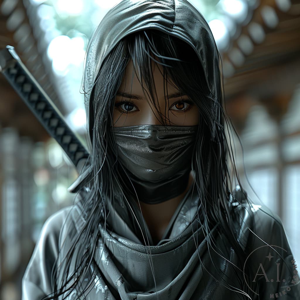 AI generated: young japanese woman as ninja with a katana in her hand stands in the middle of an old japanese dojo...