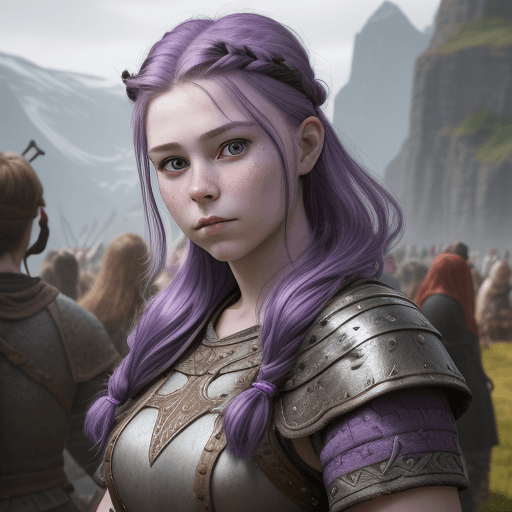 AI generated: a picture of girl viking lifestyle, standing with her friends, purple hair, epic, front face, closeu...