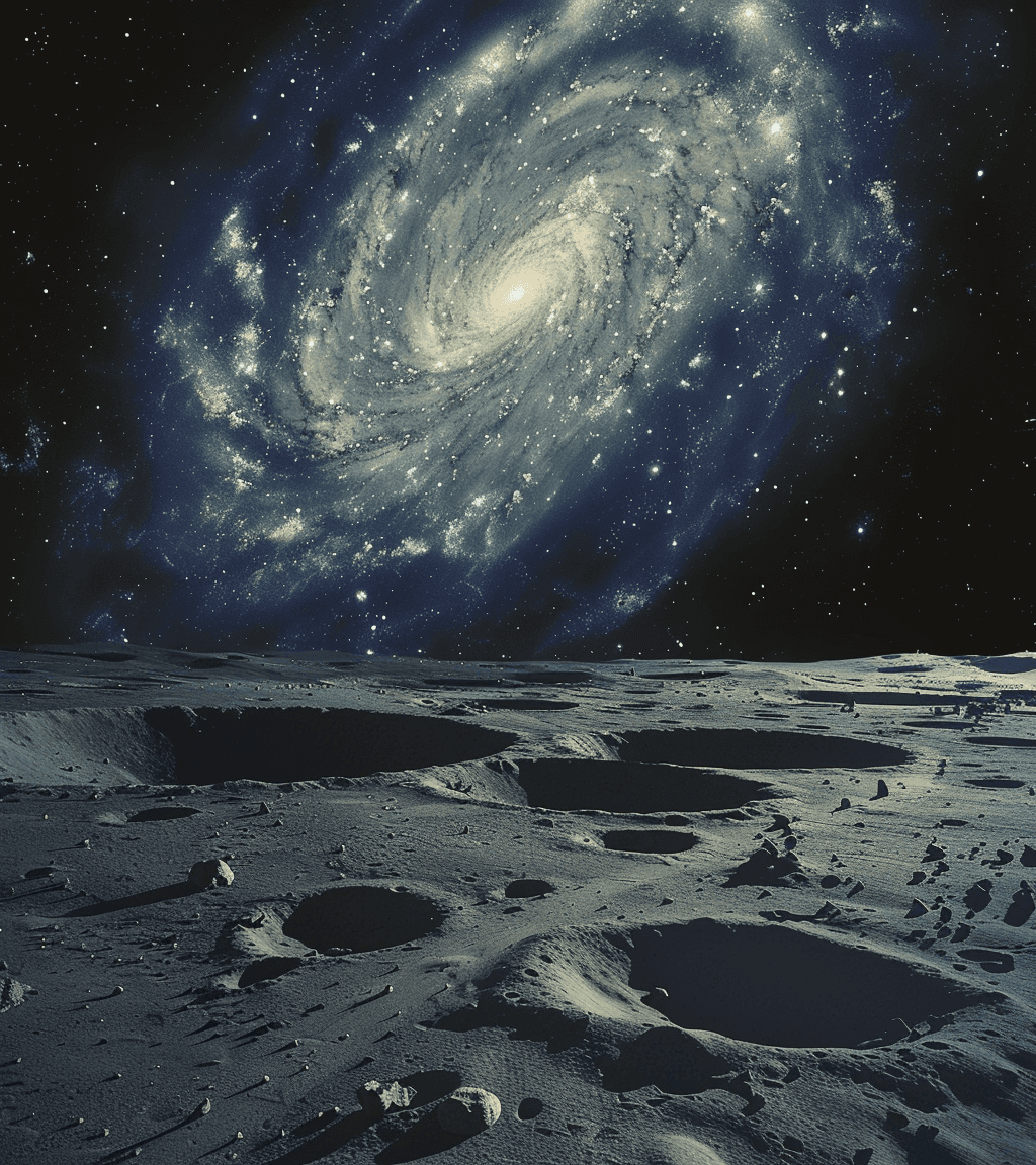 AI generated: A galaxy spirals in the sky over an empty lunar surface, illustrated in the style of John Harris. --...