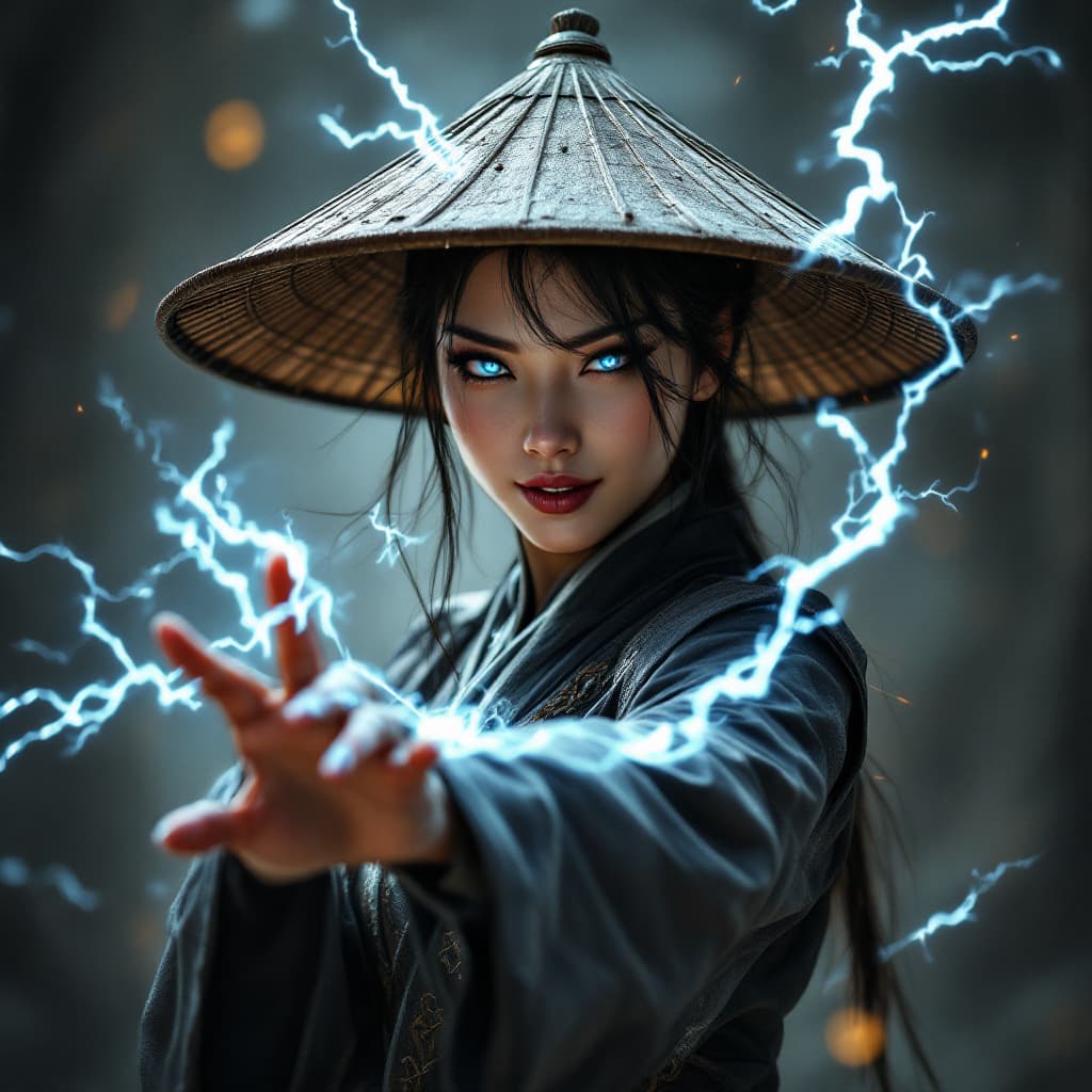 AI generated: Photo of a ultra realistic photo of raiden in mortal kombat, if he was a a beautiful asian female , ...