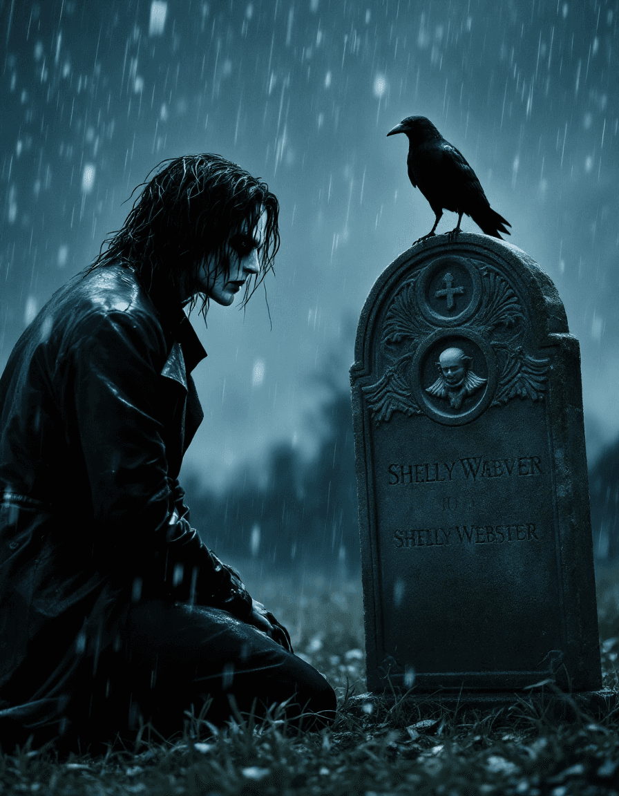 AI generated: A Brandon Lee–inspired figure as Eric Draven from The Crow, kneeling in anguished silence before the...