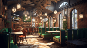 AI generated: Cozy café with a vintage design, cozy seating areas, and brick facade, inspired by Norman Foster, pa...