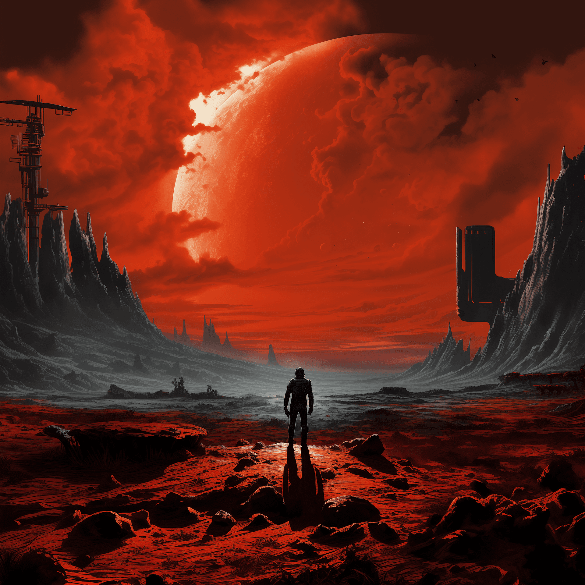 AI generated: A red landscape on Mars with dark clouds and lightning, in the style of H.R Giger, John Blanche, Ral...