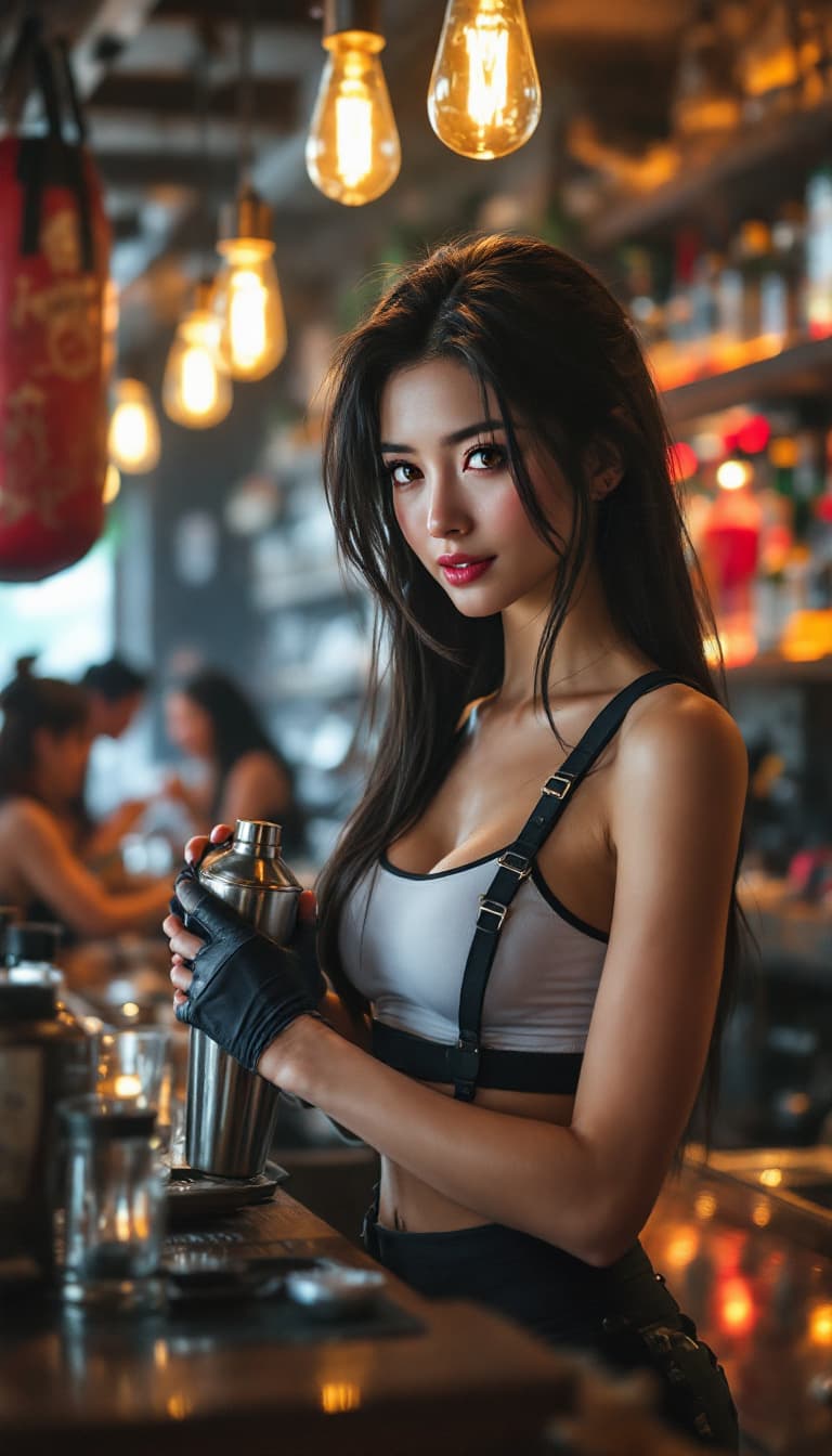 AI generated: A photorealistic candid shot of a strong, athletic, beautiful Japanese young woman bartender with lo...