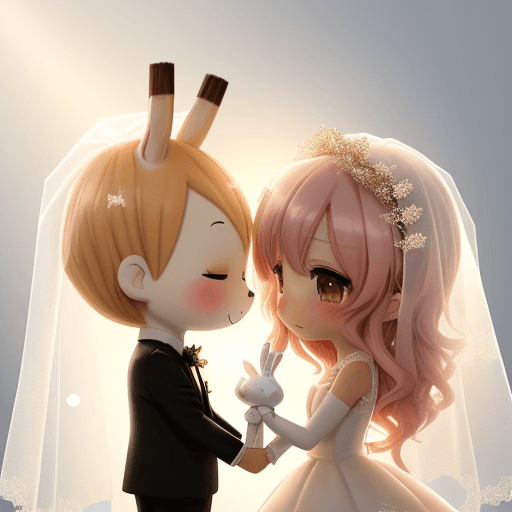 AI generated: Chibi giraffe in tuxedo marrying chibi bunny in white sparkling wedding veil, pastel colors, warm li...