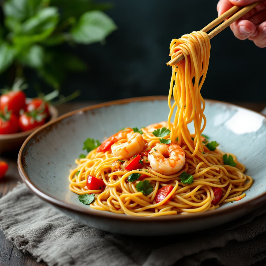 AI generated: yummy pad thai, noodle with prawn food photograph, food styling, long shot, lens 85 mm, f 11, studio...