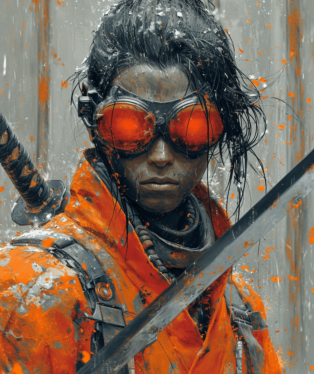AI generated: a black and orange comic book character with a sword, in the style of enki bilal, yoji shinkawa, fra...