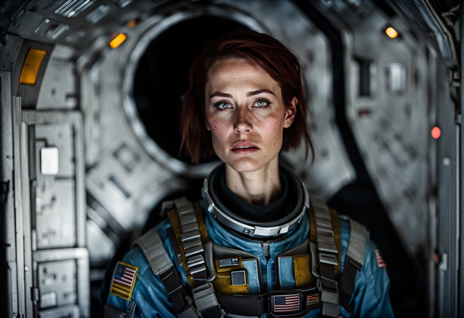 AI generated: 200mm Detailed Portrait DSLR photo of Ellen Ripley in a dark hull of Nostromo, closeup of face, face...