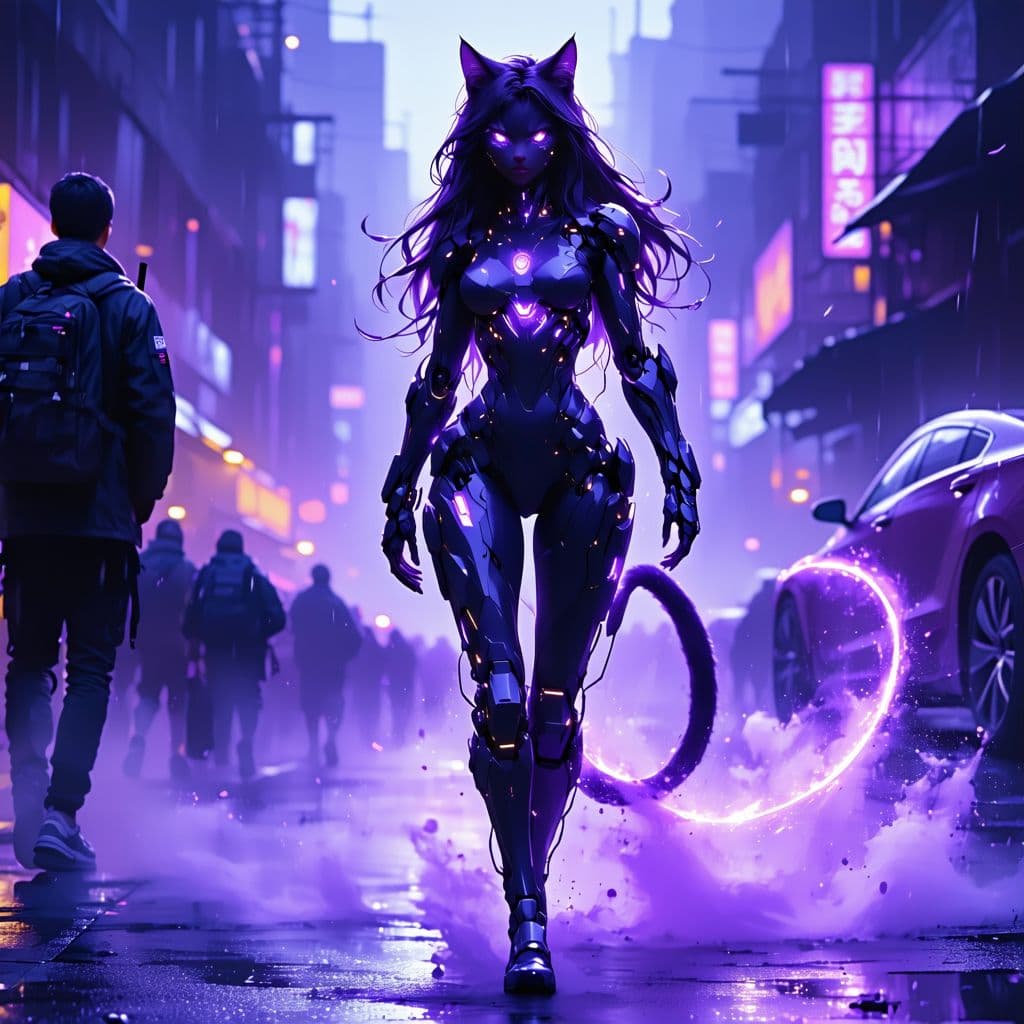 AI generated: A digital drawing of a female cat girl, human female face, perfect features, athletic body, cat girl...