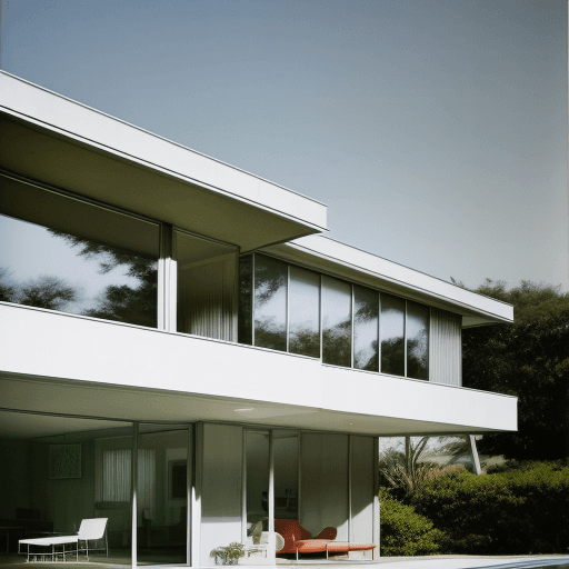 AI generated: Hyper realistic eye level exterior photo of a mid century modern style house overlooking the ocean, ...