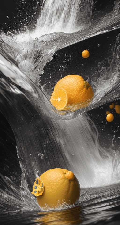 AI generated: Ultradetailed photo of a citrus fruits falling into water