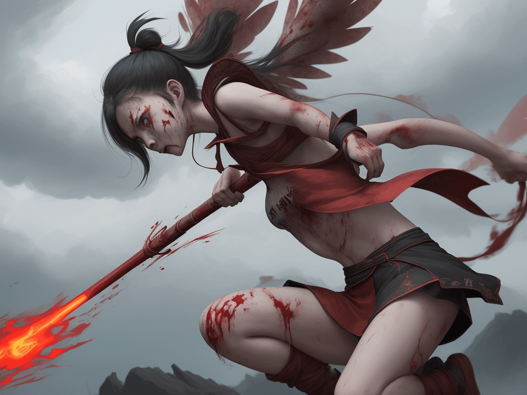 AI generated: 1girl, blood on face, angry, <lora:nezha_20230529030816:0.75>, holding spear, (flying), chinese myth...