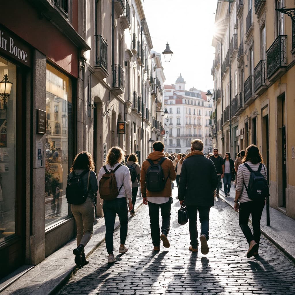 AI generated: An enthralling photograph of a team on a walking tour through Lisbon city fujifilm reallife cinemati...