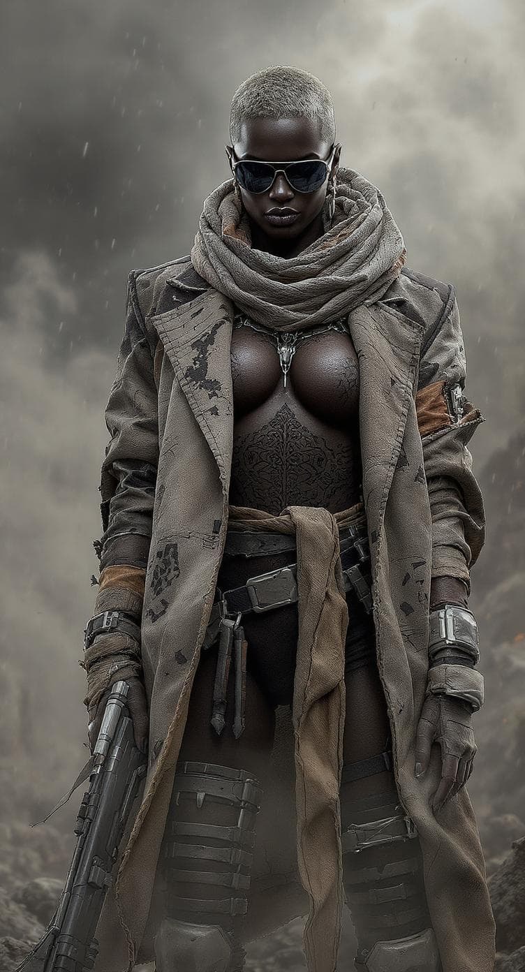 AI generated: Dark-skinned woman, mid-20s, short cropped afro hairstyle, wearing dark sunglasses,  serious express...