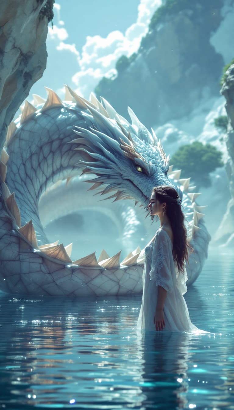 AI generated: a woman is standing in the water next to a dragon, in the style of fantasy scenes, realistic detail,...