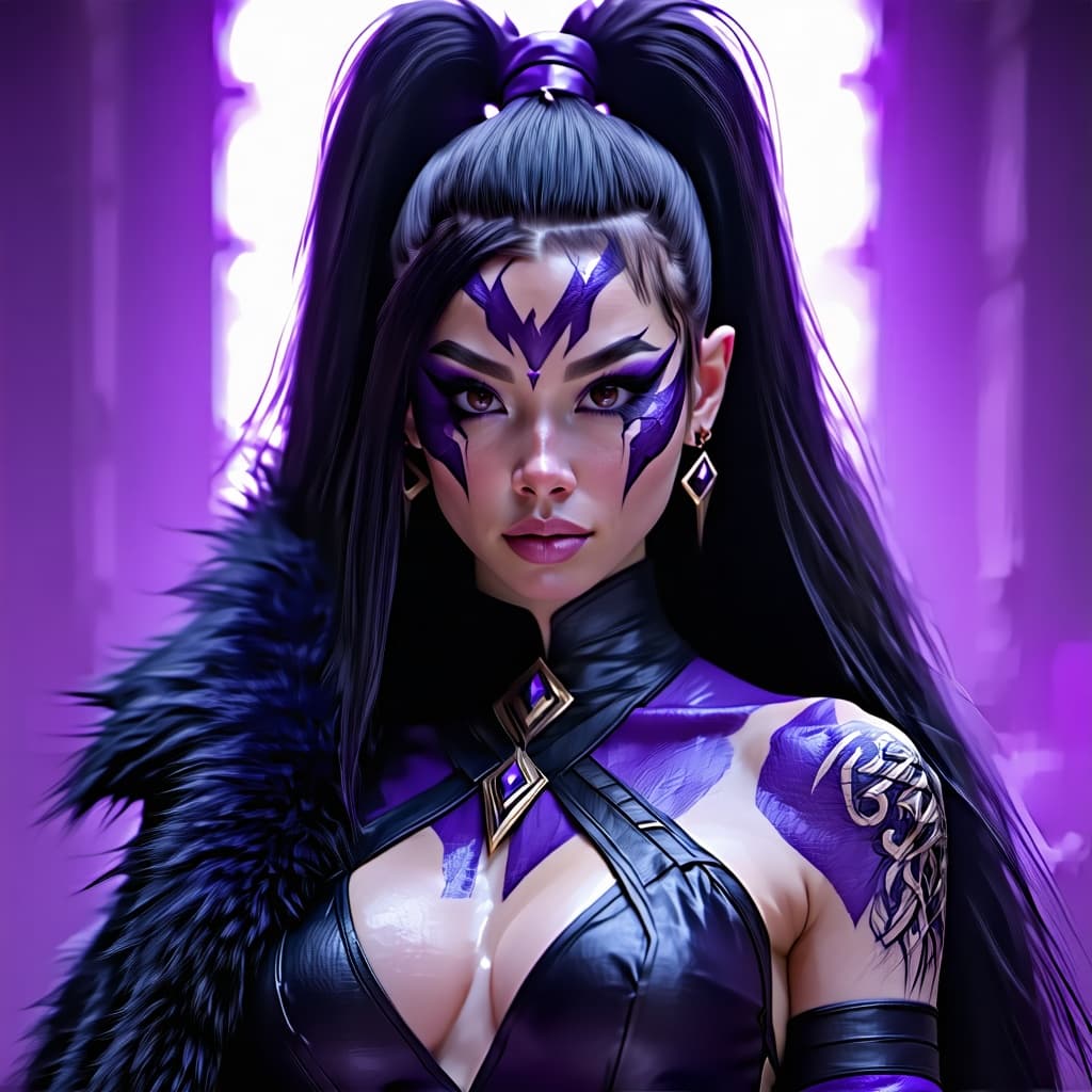 AI generated: A FULL BODY OF GODDESS WOMEN Kitana (Mortal Kombat) , BIG BOOBS, SHORT SCURT, FANCY CLOTHS IN PURPLE...