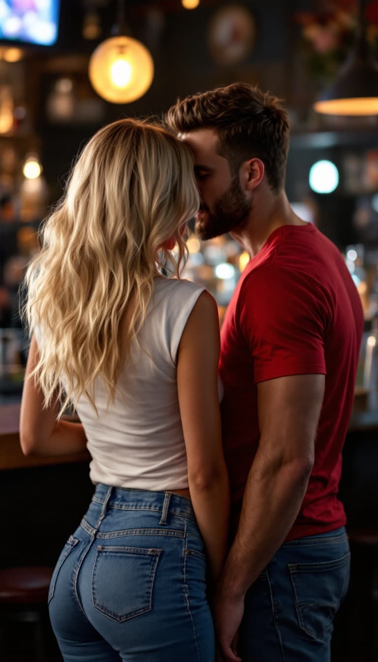 AI generated: From behind, photo of a blond woman, face unseen, slightly-wavy hair, wearing high-waist skinny-fit ...