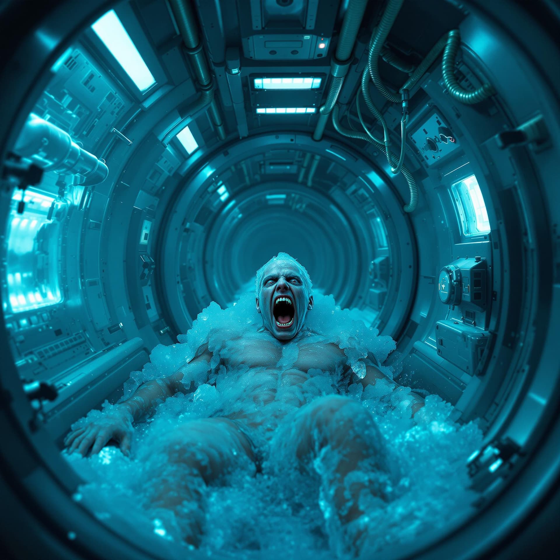 AI generated: A screaming man, frozen in ice inside an airlock tank, in the middle of a row with other cryo tanks....