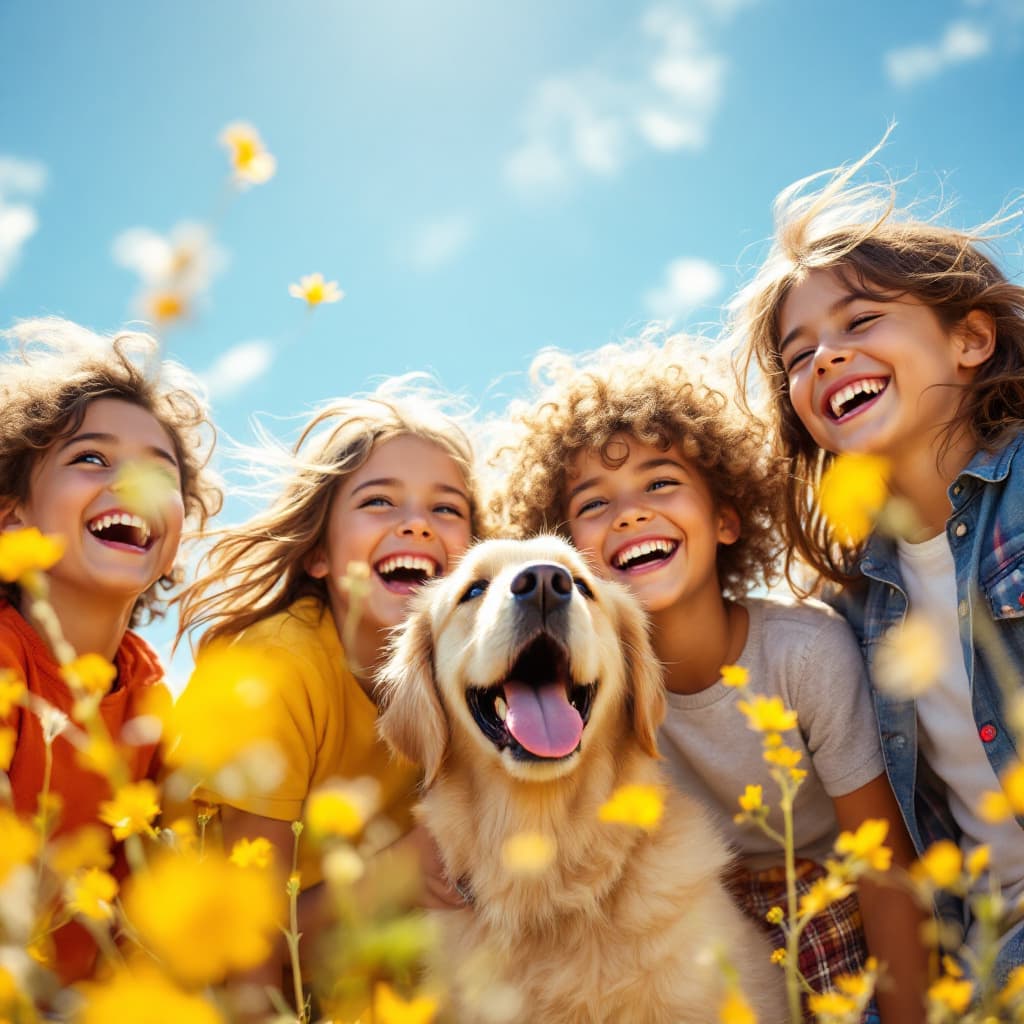 AI generated: A vibrant, high-resolution (8K) photorealistic close-up of a diverse group of children laughing toge...