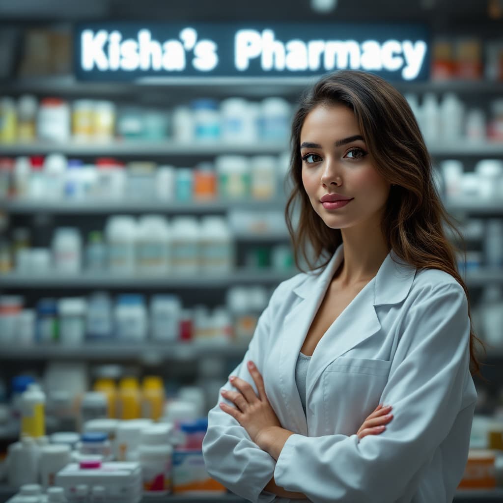 AI generated: Young, beautiful, Latina female with brown hair, wearing a pharmacist lab coat, standing in front of...