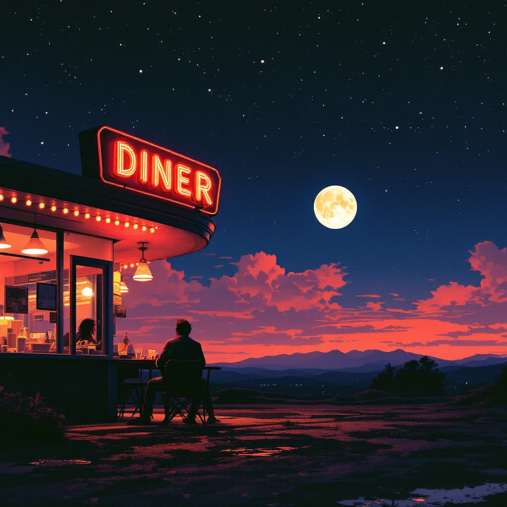 AI generated:  diner at sunset, mustang car, full moon romantic night vintage film grain clear sky with stars brig...