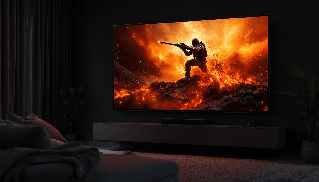 AI generated: the oversized led tv is playing the movie,(sound waves agitate in the room_1.1),((desktop stereo is ...