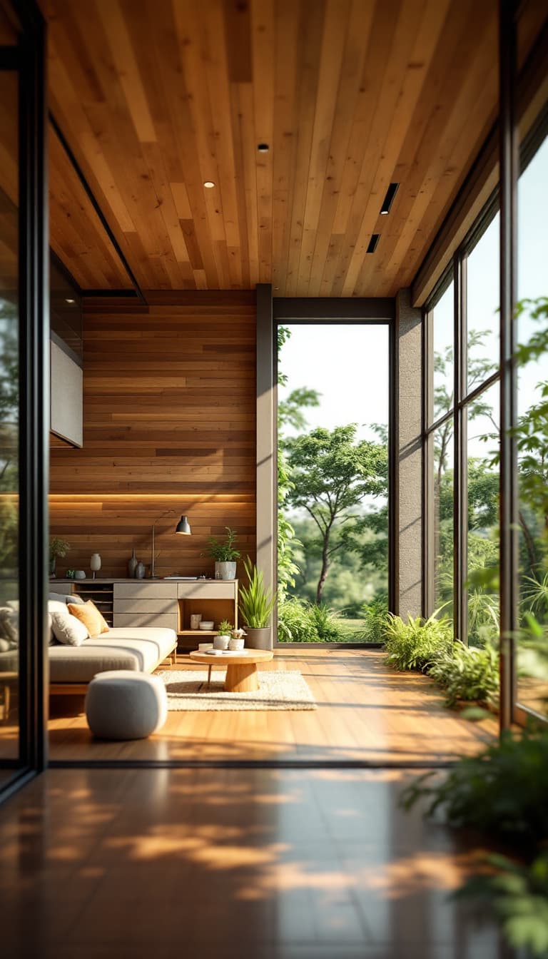 AI generated: Eco-friendly building, reclaimed wood accents, bamboo flooring, low-carbon concrete, green roofs, li...