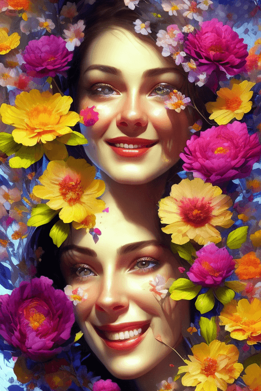 AI generated: Beautiful Woman with a smile appears from colorful flowers, cinematic lighting, photo realistic, by ...