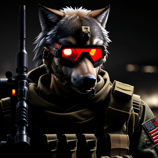 AI generated: male wolf soldier, wearing spec ops loadout and red NVG scopes on face, sniper on his back, reflecti...
