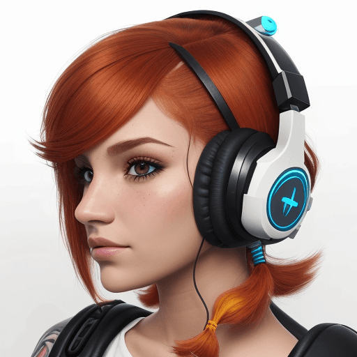 AI generated: chica viajera, artista, tierna, ruda , pelirroja cabello corto con la cara de frente, auriculares in...