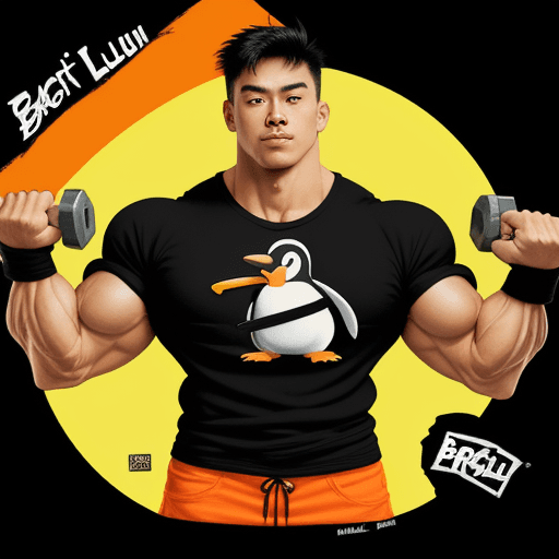 AI generated: 90s cartoon, logo, penguin, abs, muscle, ripped black t-shirt, light orange fluo short, lifting barb...