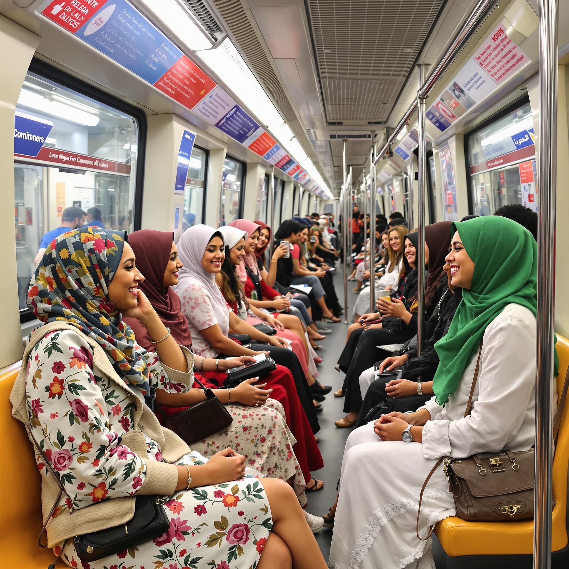 AI generated: 	Eine schöne & Stunning Frau	

	2. Internationale Begegnungen – Frauen in der U-Bahn:
Eine Gruppe vo...