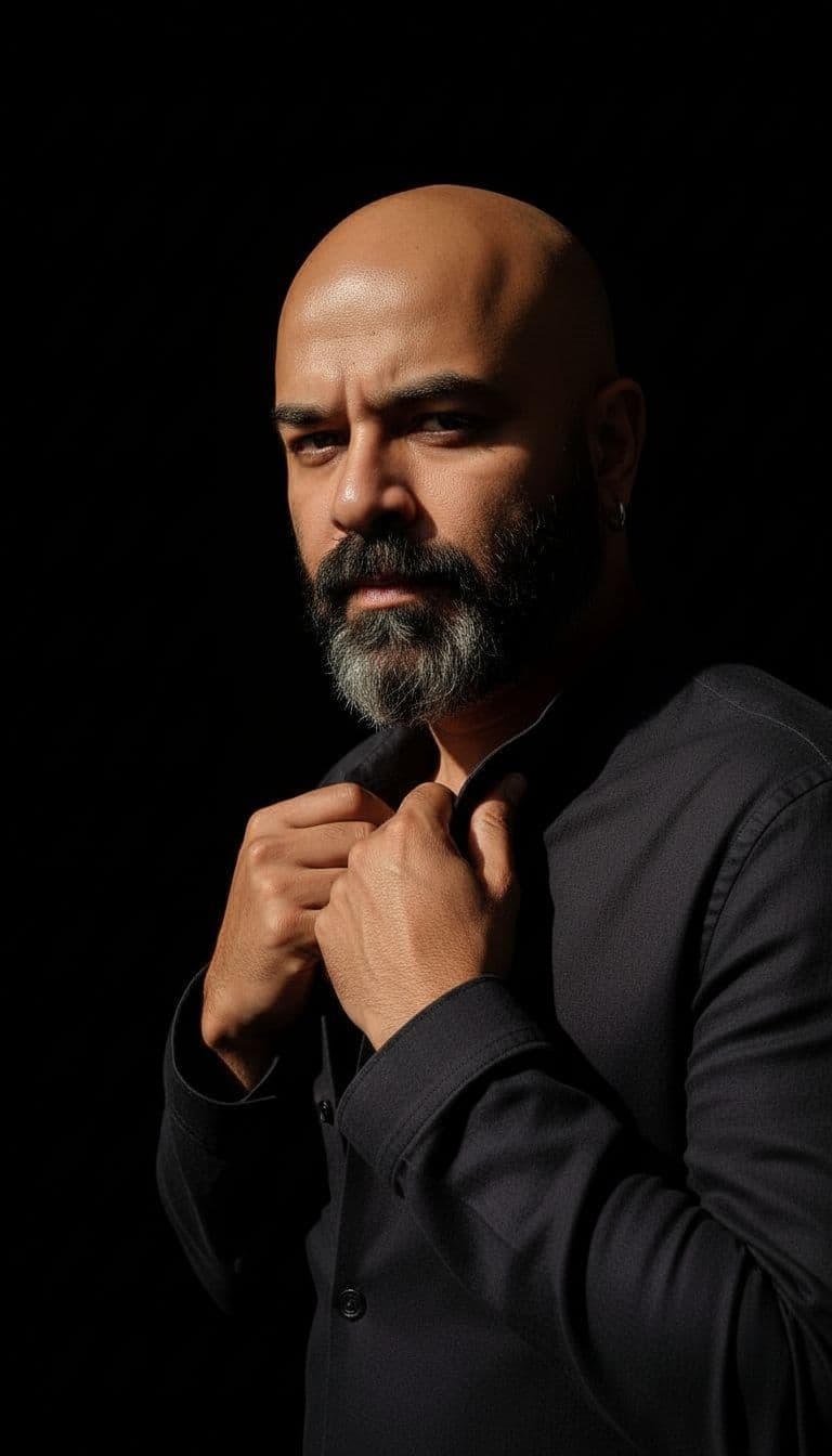AI generated: A dramatic low-key portrait of a young man with a neatly groomed beard, standing against a completel...