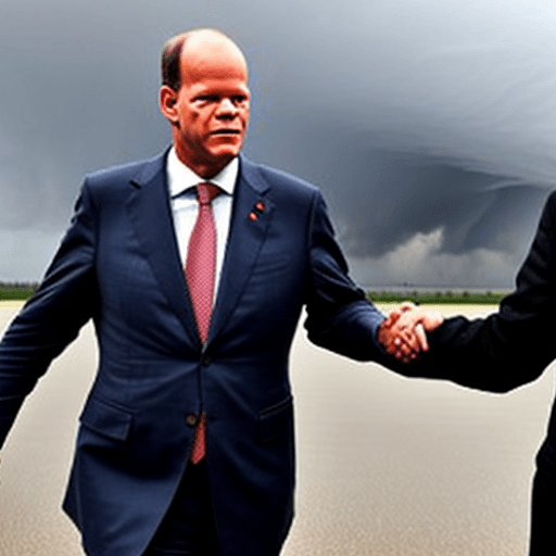AI generated: German Chancellor Olaf Scholz, protectively holding his hands over Germany, a big storm is surroundi...