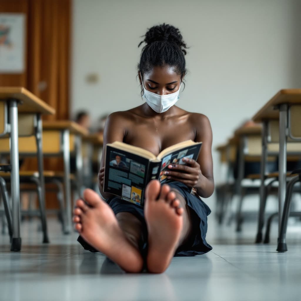 AI generated: (Very dark skin) Sri Lankan adult female student, with black toe nail polish, feet on display, readi...