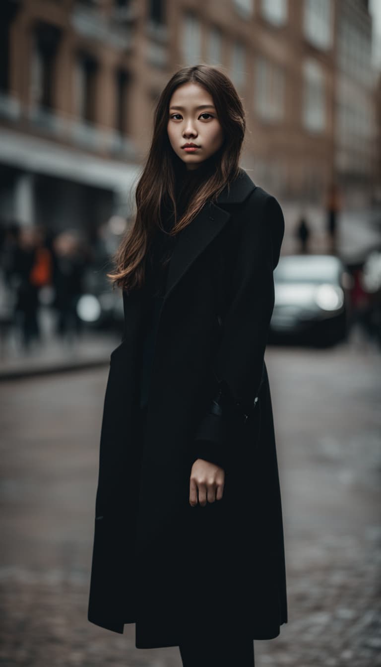 AI generated: Portrait of a girl in black long coat. she stands perfectly in center. medium shot angle, Use the st...